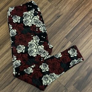 LuLaRoe Rose Print Leggings in Black, Burgundy & Cream